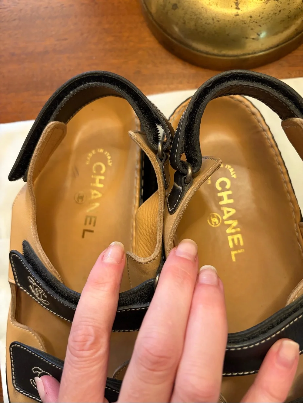 CHANEL Black and Tan Leather “Dad” Velcro Strap Sandals woman’s 10.5
